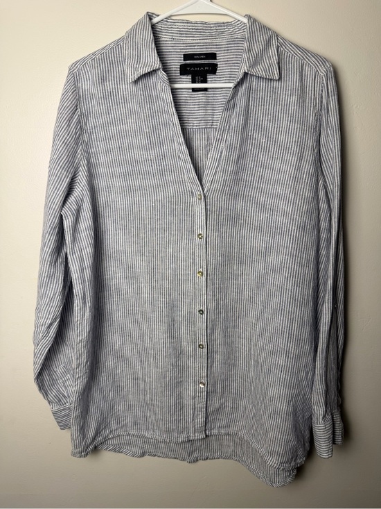 Tahari Tops - 100% Linen Tahari Women’s Blue & White Striped Button-Up Shirt Oversized Size M